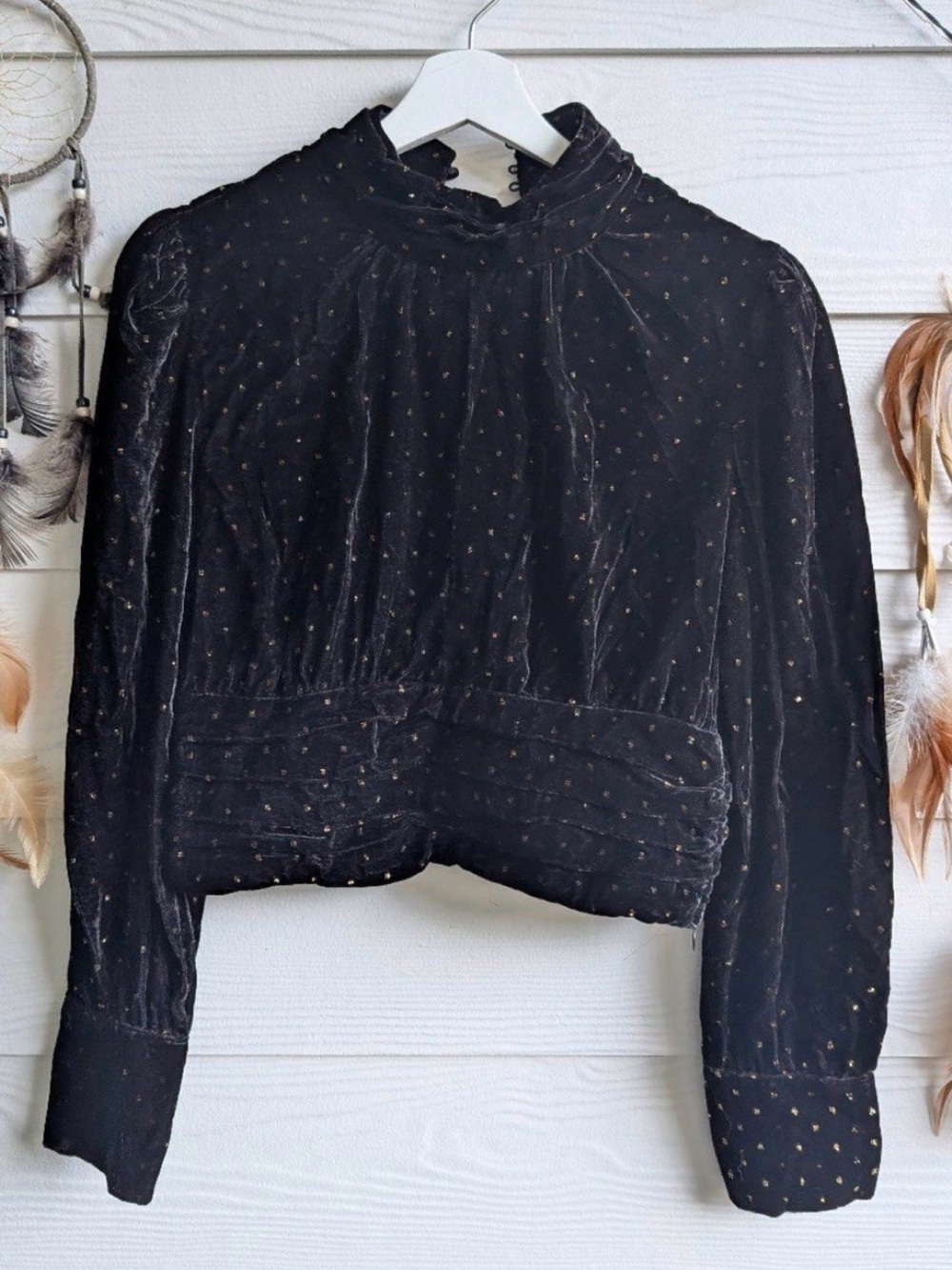 Zara Black Velvet Crop Blouse with Gold Dot Accents